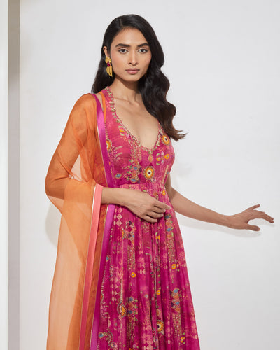 Fuchsia Floral Anarkali With Dupatta