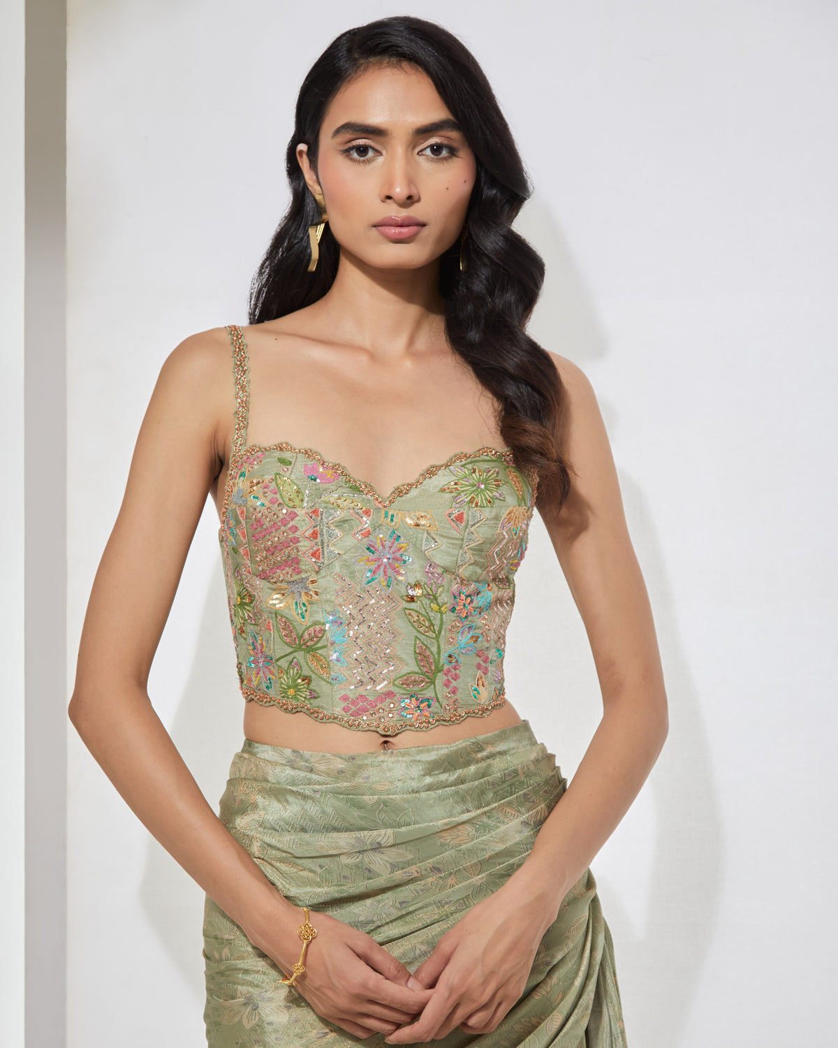 Sage Green Pre-draped Sari With Corset