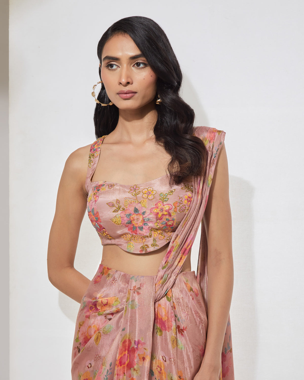 Blush Pink Floral Sari With Corset