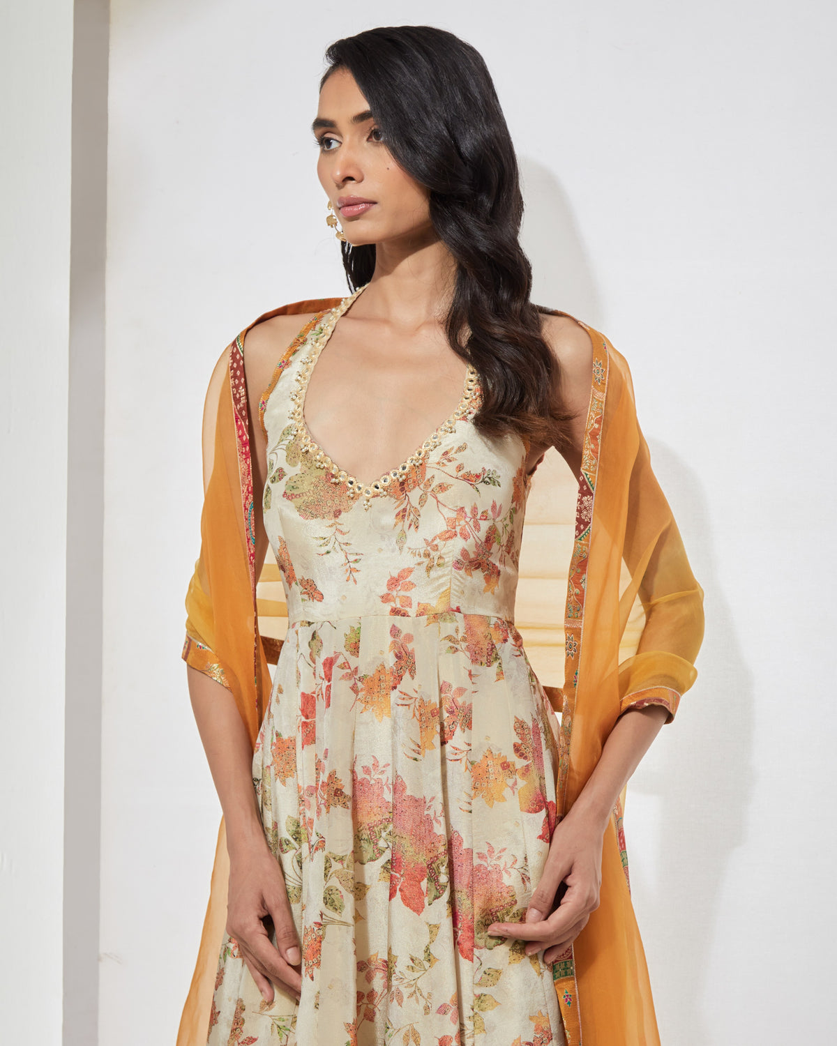 Ivory Floral Anarkali With Dupatta