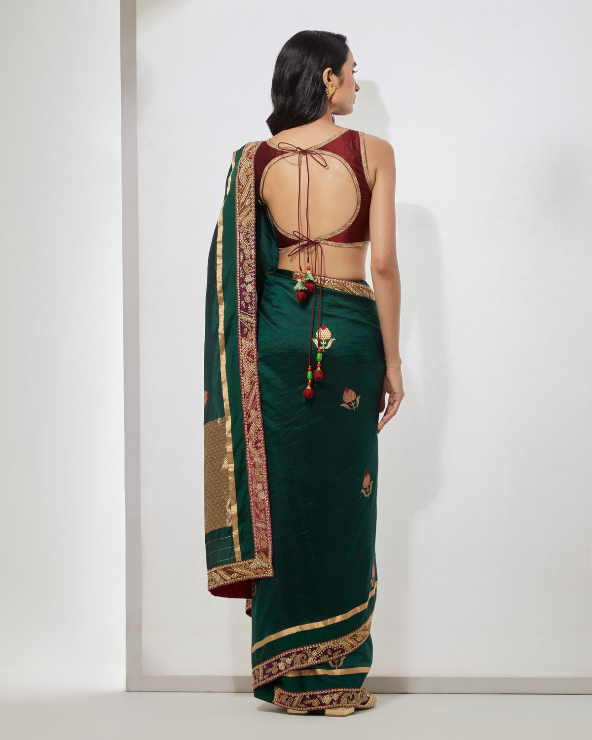 Emerald Green Zardozi Sari With Blouse