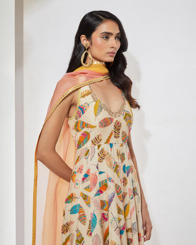 Ivory Feather Printed Anarkali With Dupatta