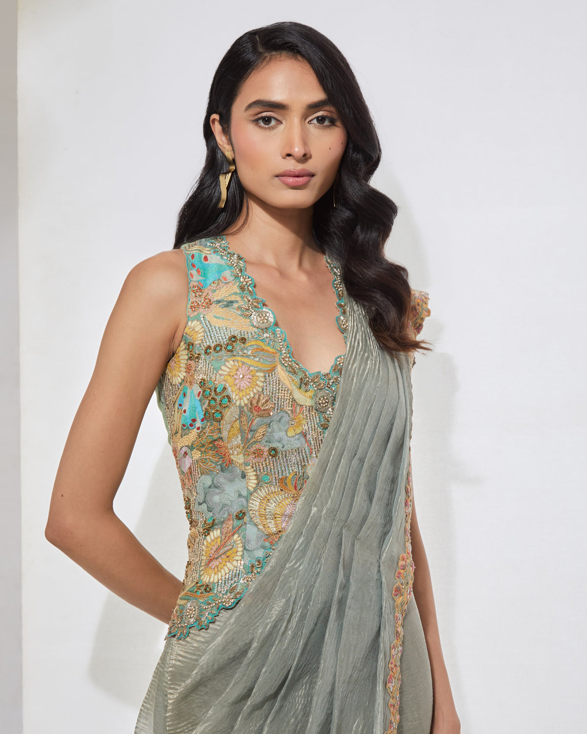 Powder Blue Pre-draped Sari With Corset