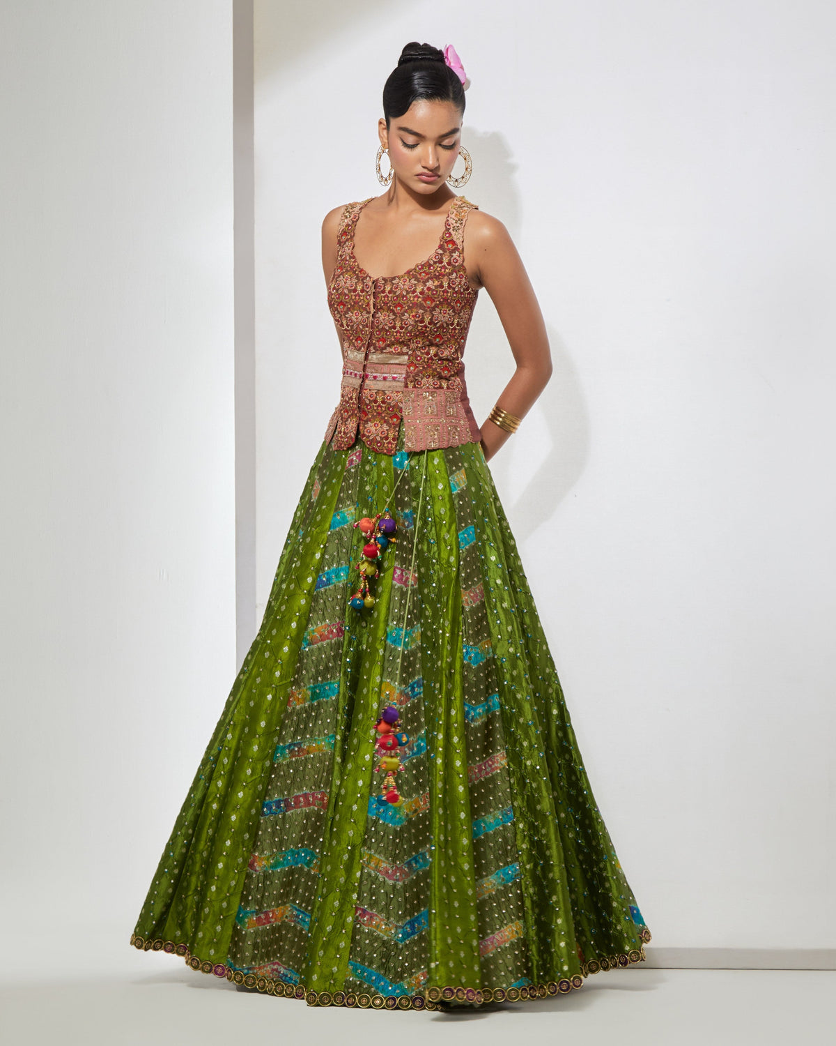 Rust Vintage Corset & Green Lehenga Set