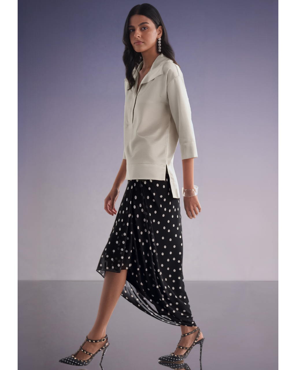 Boxy Satin Popover Top & Polka Dot Drape Skirt