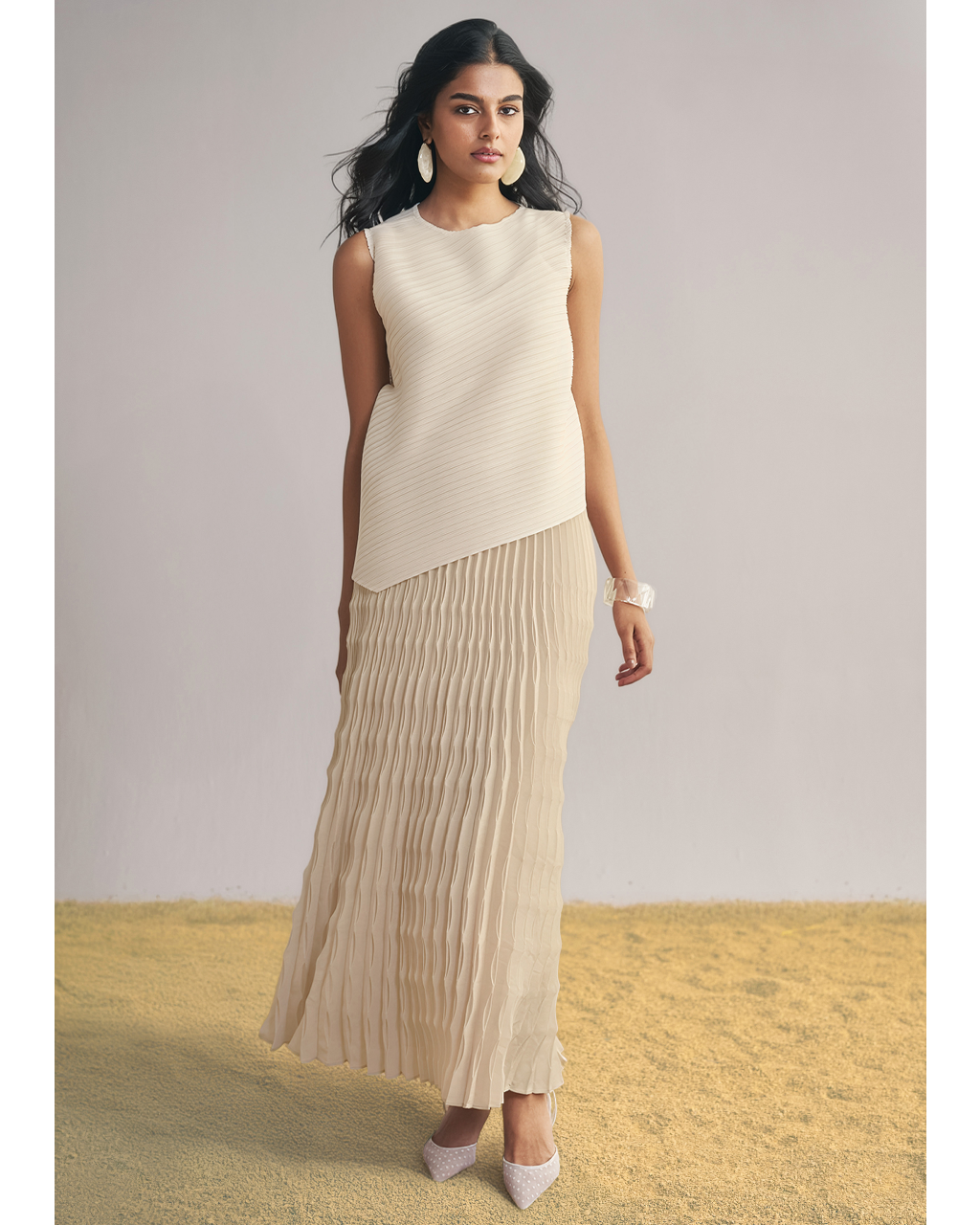 Asymmetric Pleated Top & Irregular Pleated Maxi Skirt