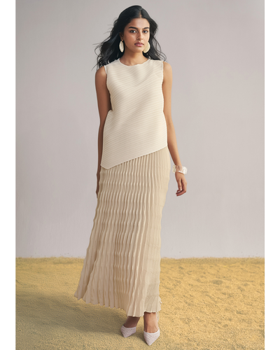 Asymmetric Pleated Top & Irregular Pleated Maxi Skirt