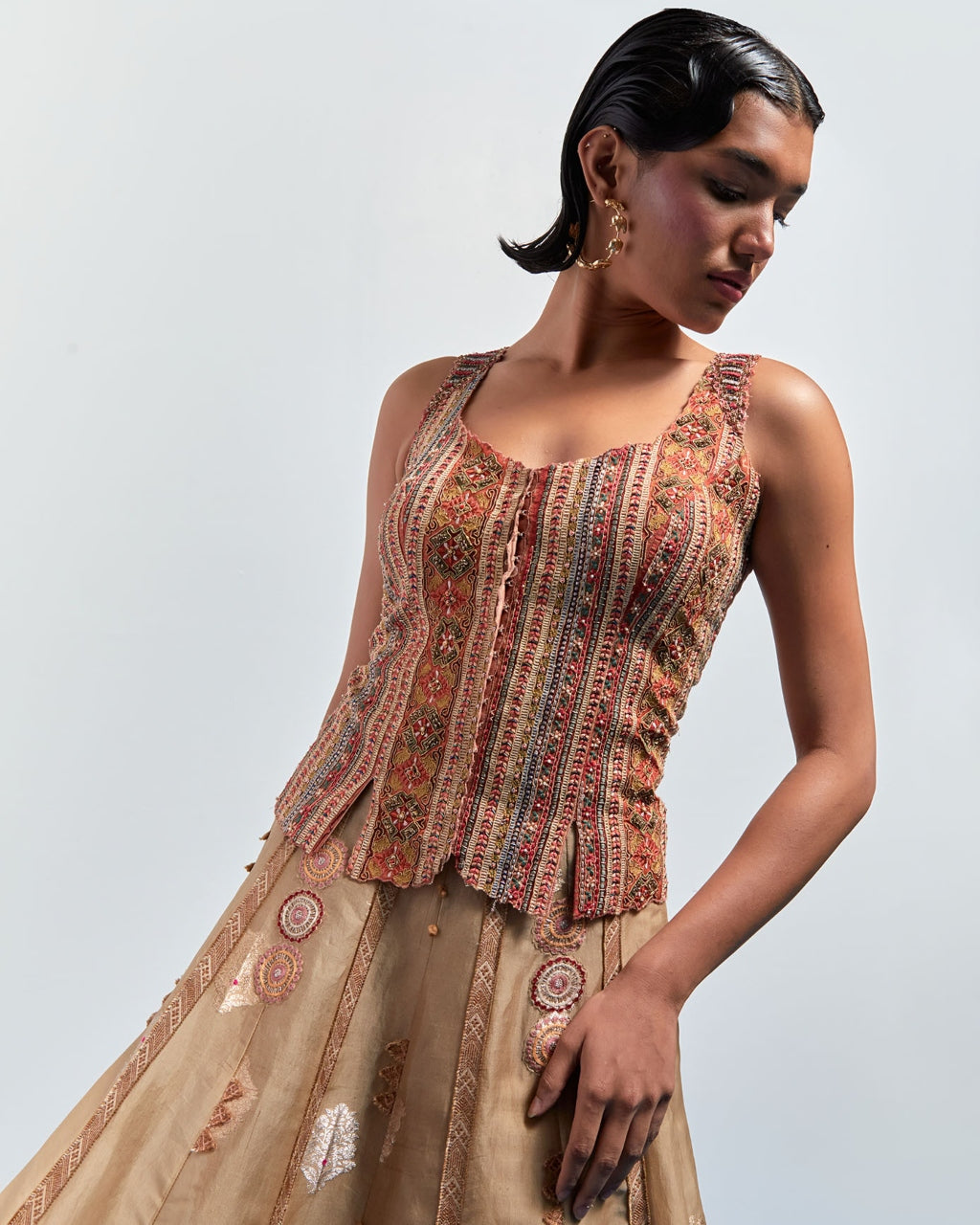 Beige Embroidered Skirt Corset Set
