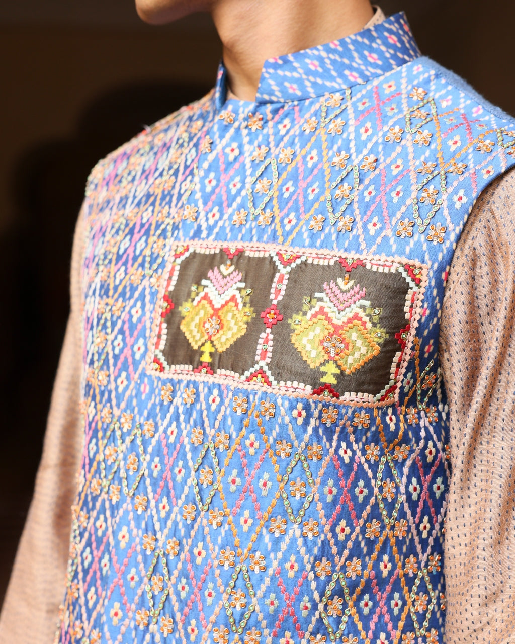 Royal Blue Silk Ikat Patchwork Bandi Set