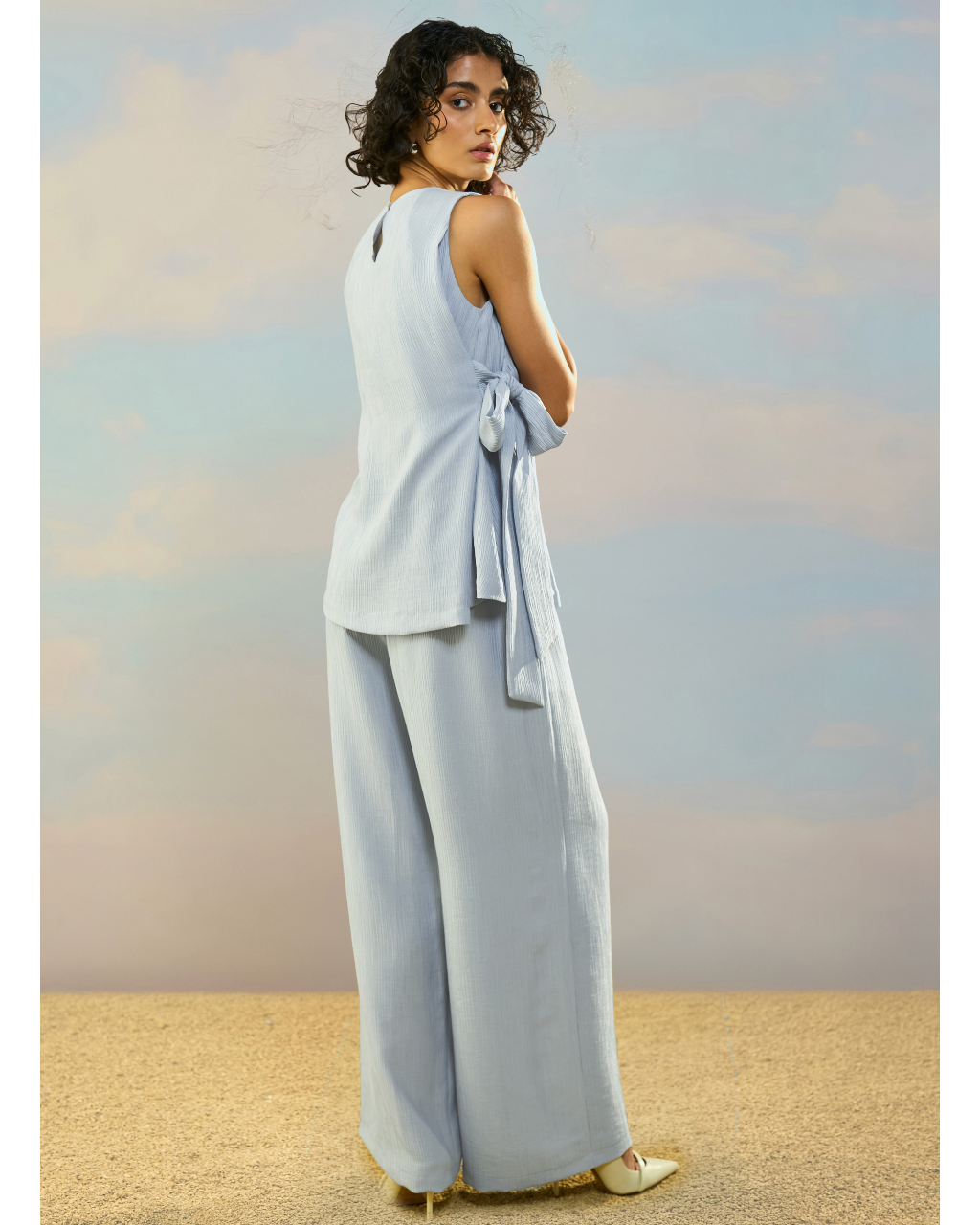 Textured Side-Tie Top & Wide-Legged Pant Set