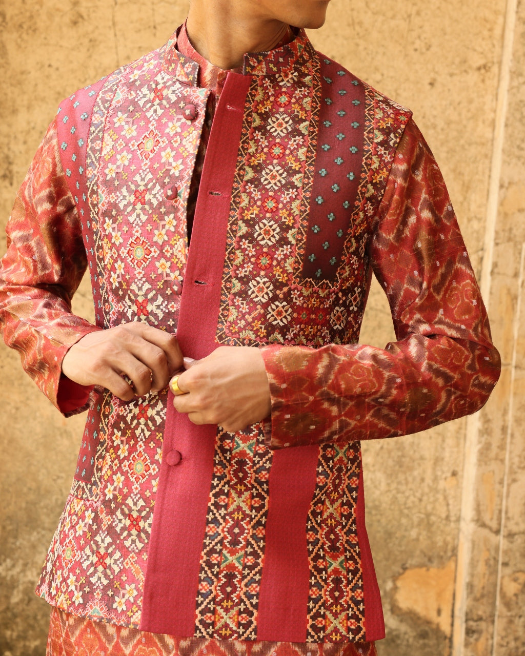 Rust Ikat Silk Bundi Set