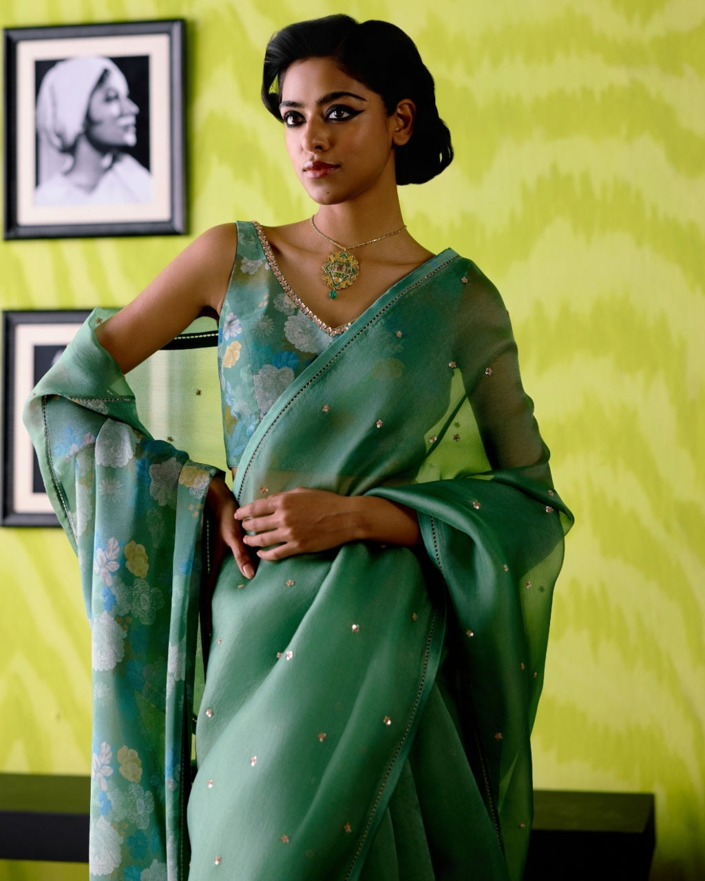 Green Apple Organza Sari With Blouse Set