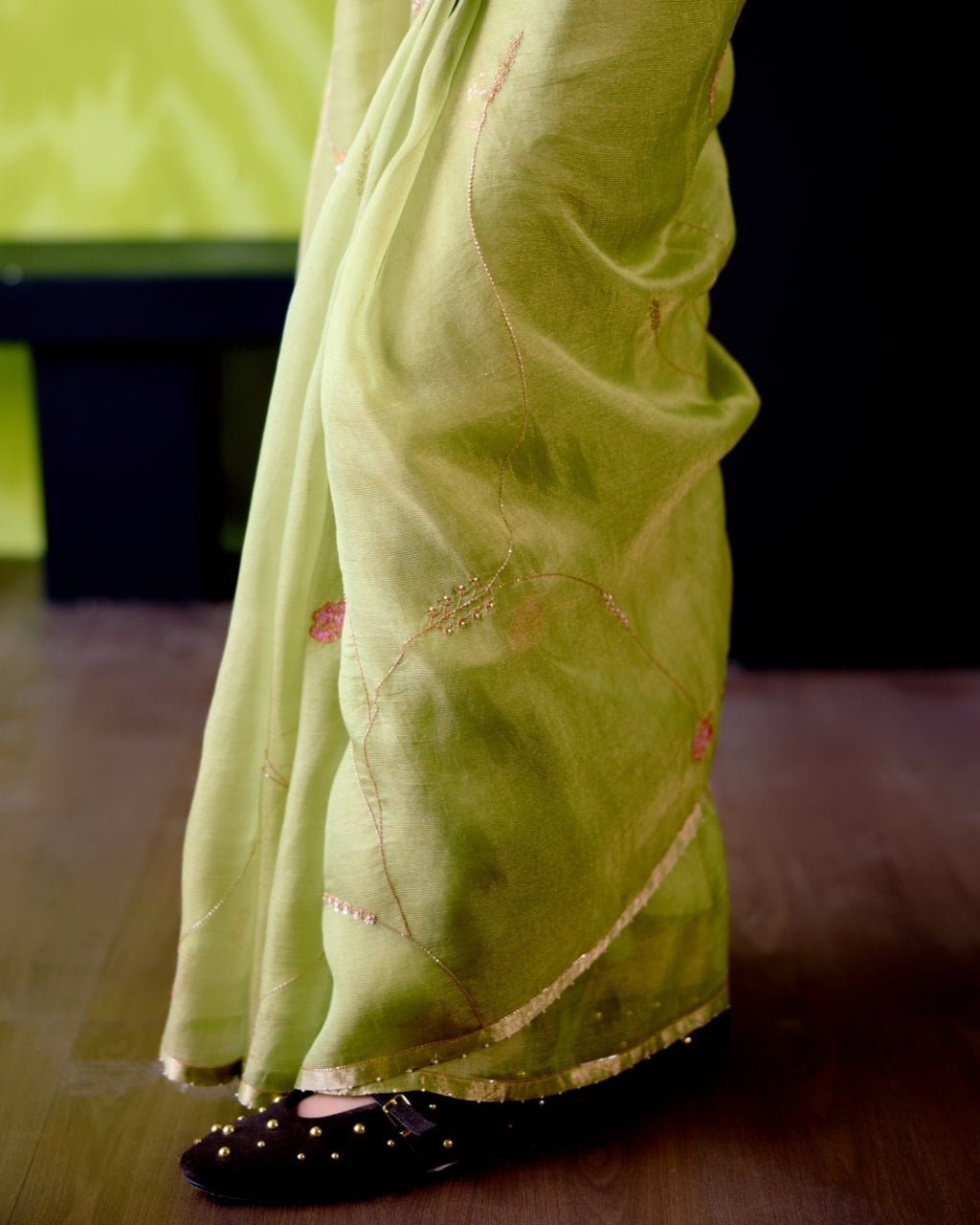 Green Organza Sari With Blouse Set