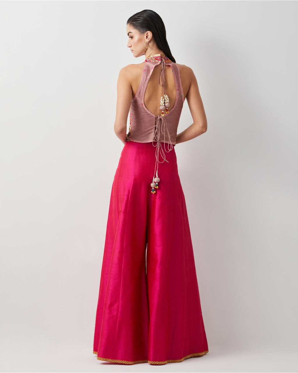 Hot Pink Embroidered And Multi Corset Plazzo Set
