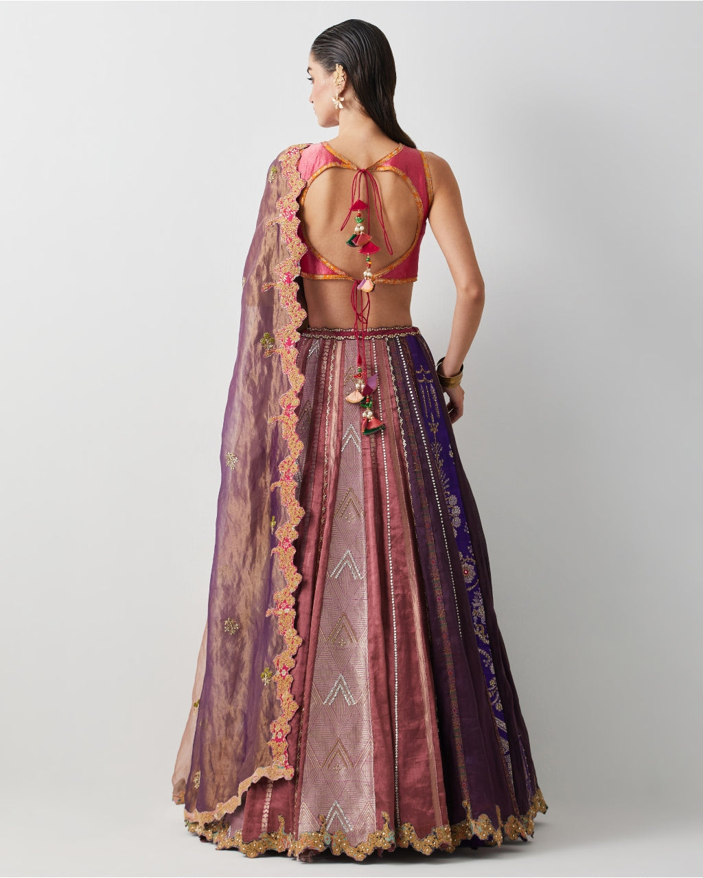 Multicolour Tissue & Silk Hand Embroidered Lehenga Set