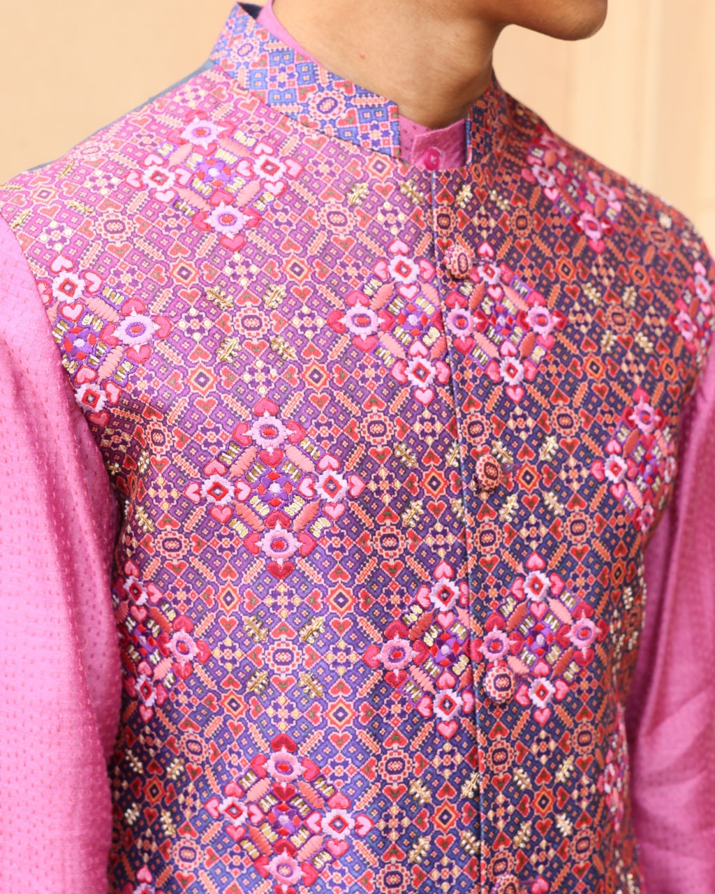Pink Patola Silk Bundi Set