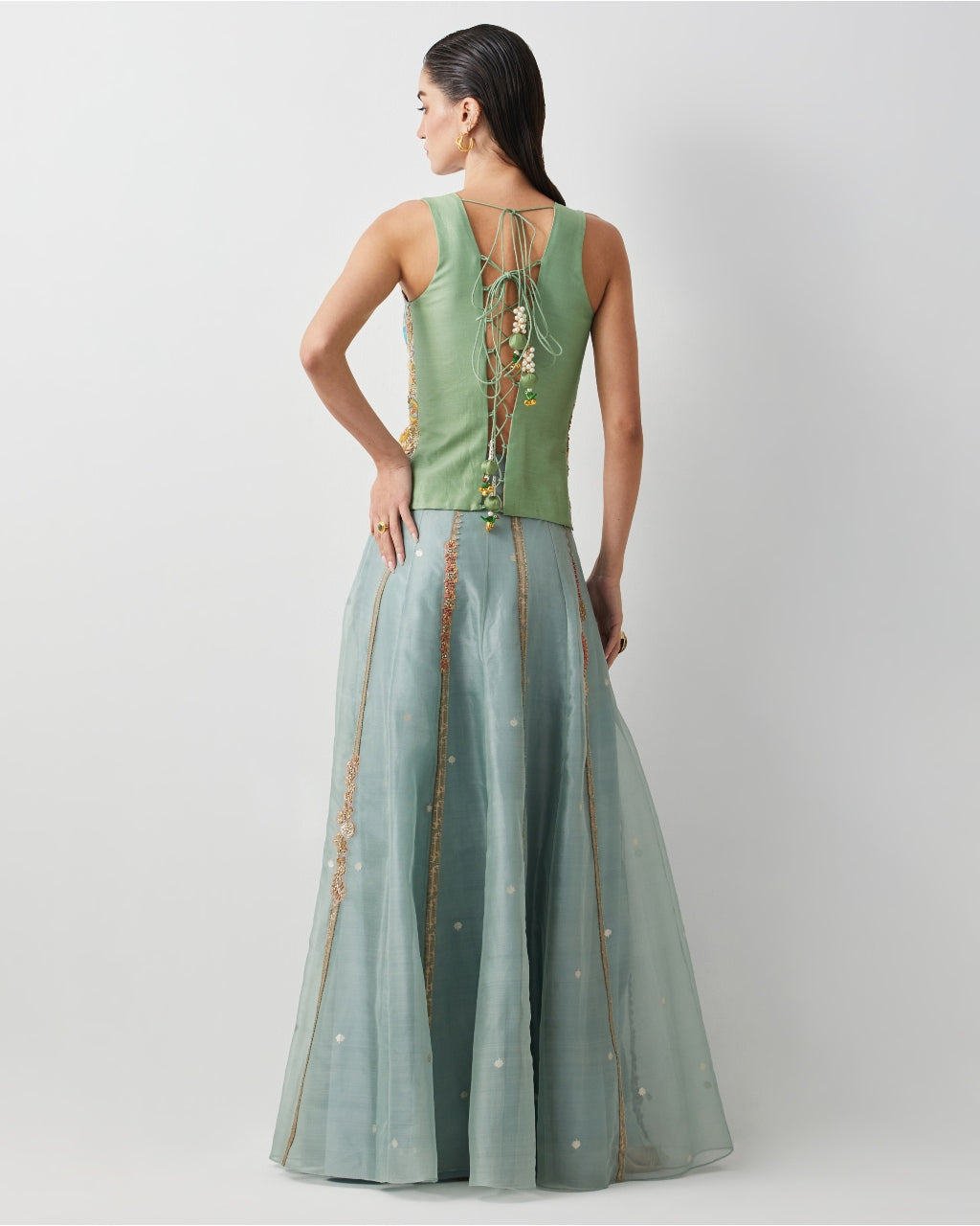 Aqua Embroidered Skirt Corset Set
