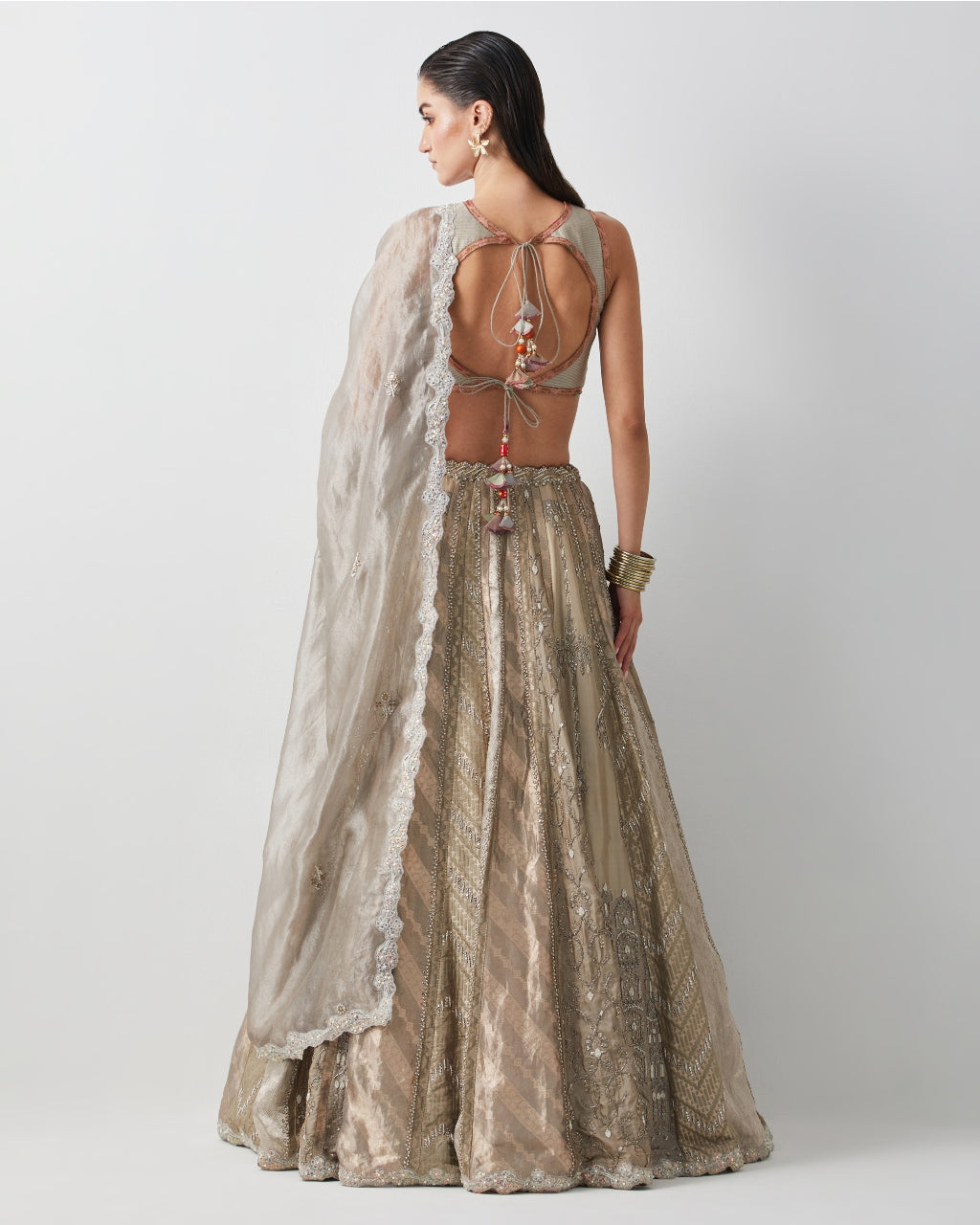 Silver Hand Embroidered Silk Brocade Lehenga Set
