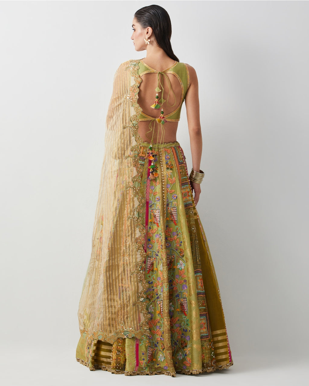 Lime Yellow Hand Embroidered Silk Lehenga Set