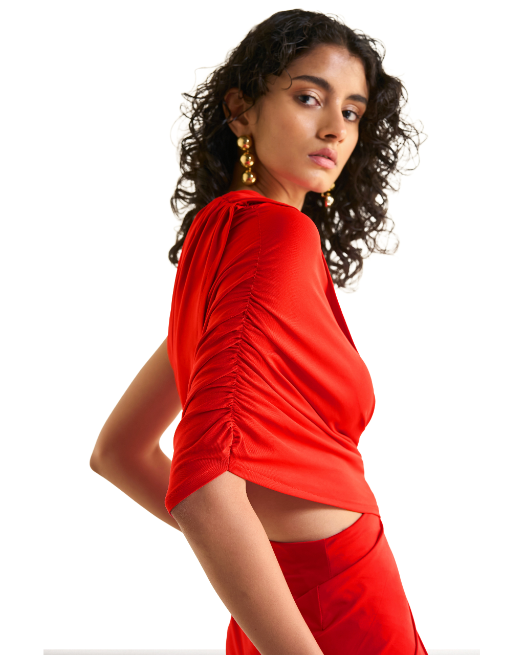 One Shoulder Draped Knit Top & Ruched Draped Knit Skirt