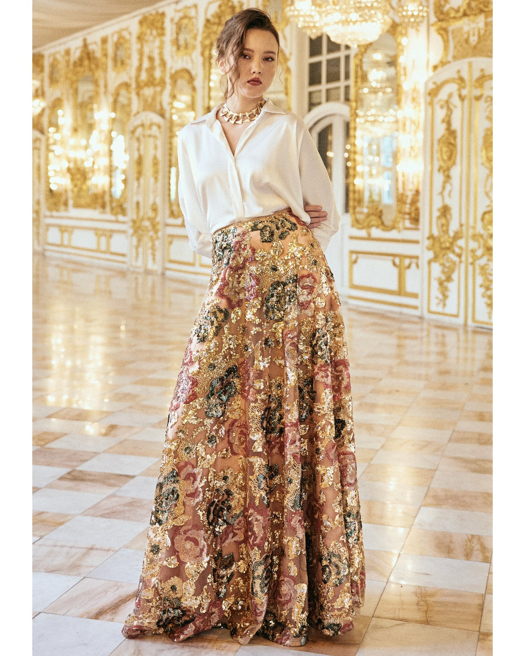 Ivory Satin Shirt & Floral Sequin Maxi Skirt
