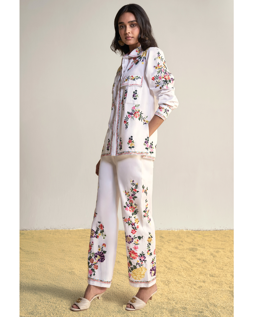Placement Floral Embroidered Poplin Pant Set