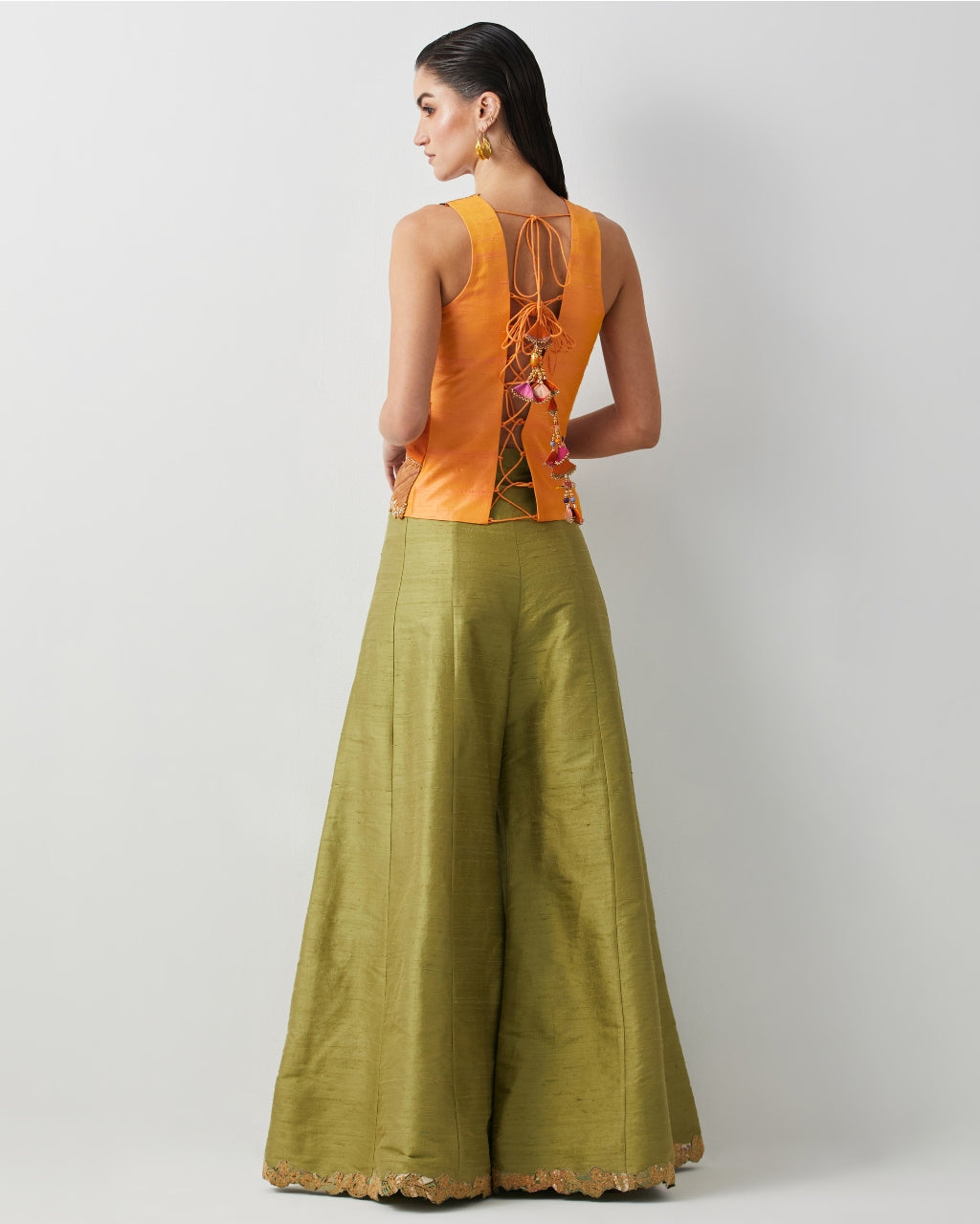 Embroidered Silk Jacket Top With Olive Plazzo Set.