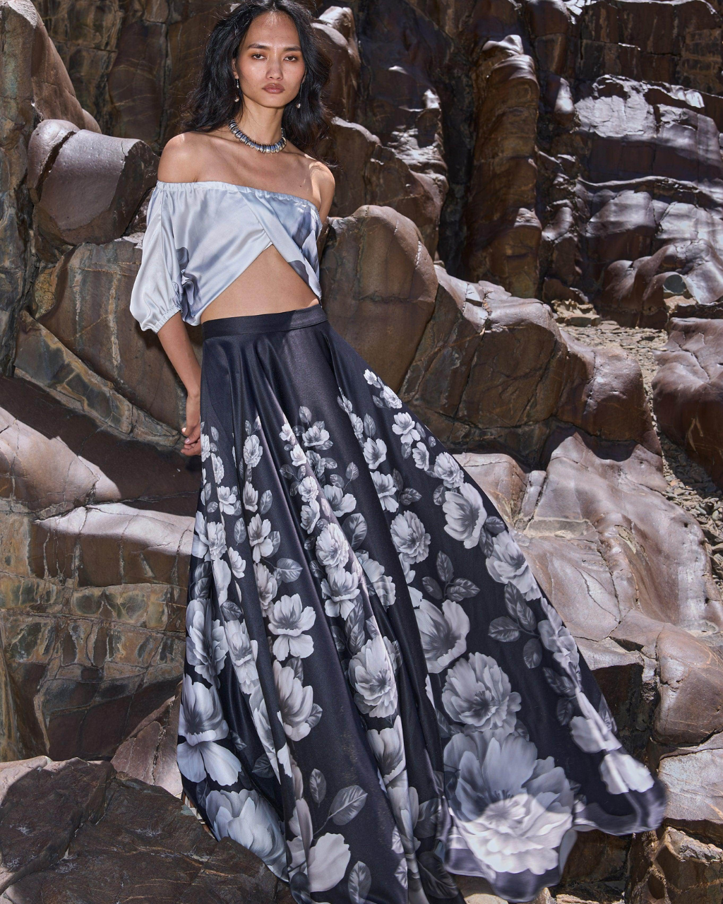 Greyscale Floral Print Maxi Skirt and Crop Top Set