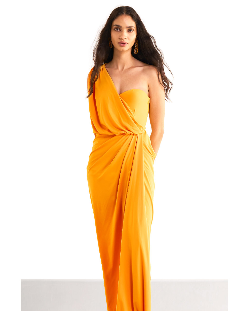 One Shoulder Draped Knit Sari Gown