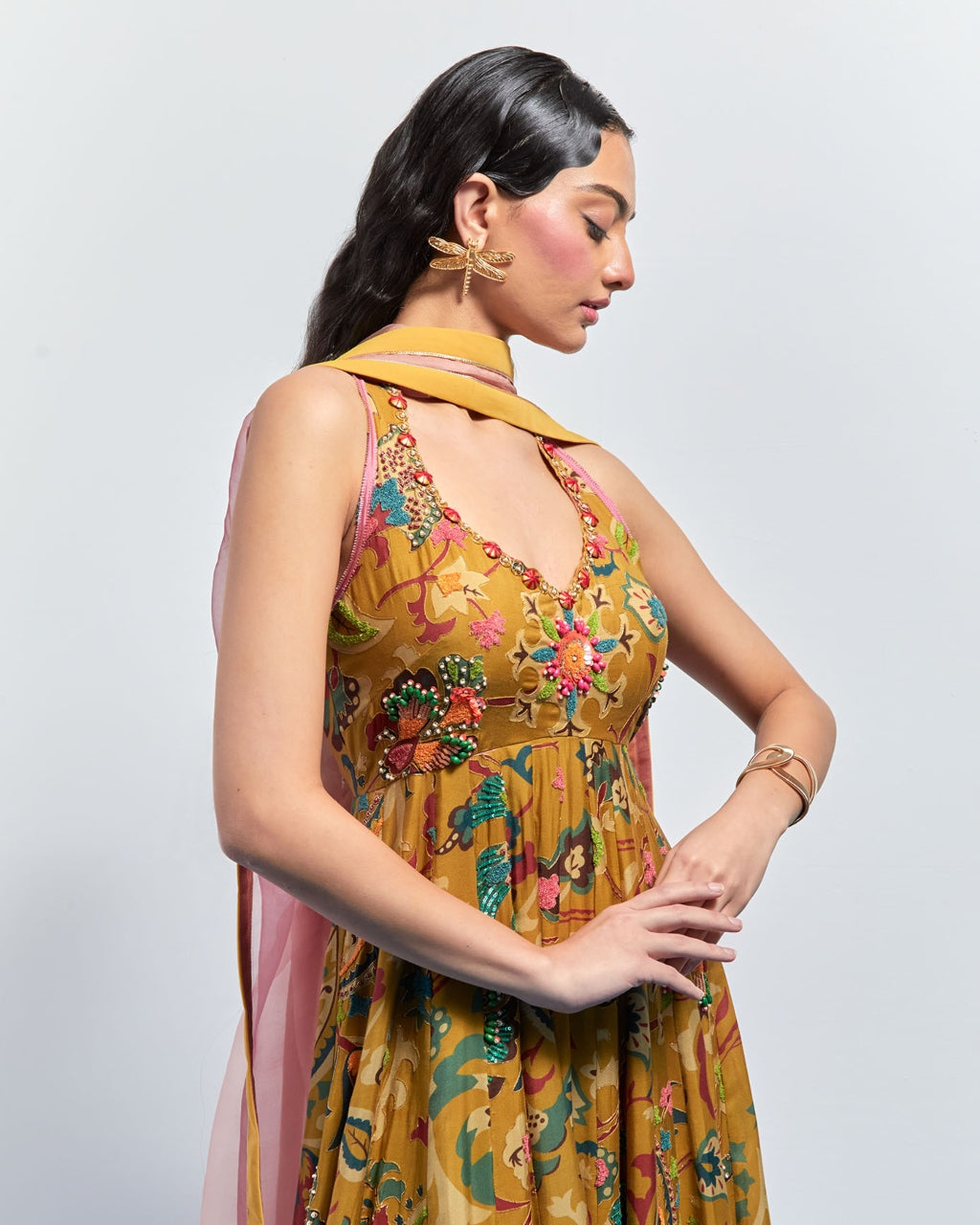 Mustard Yellow Hand Embroidered Anarkali Set
