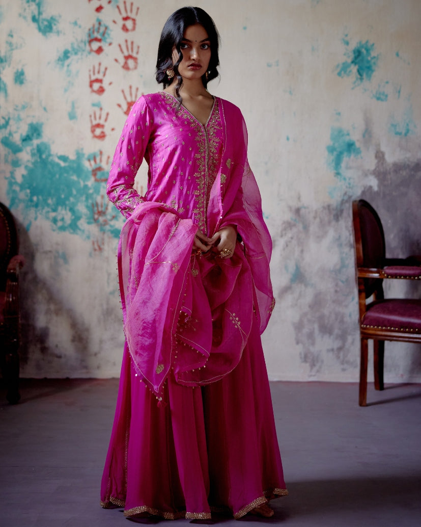 Fuchsia Pink Center Open Short Kurta Set