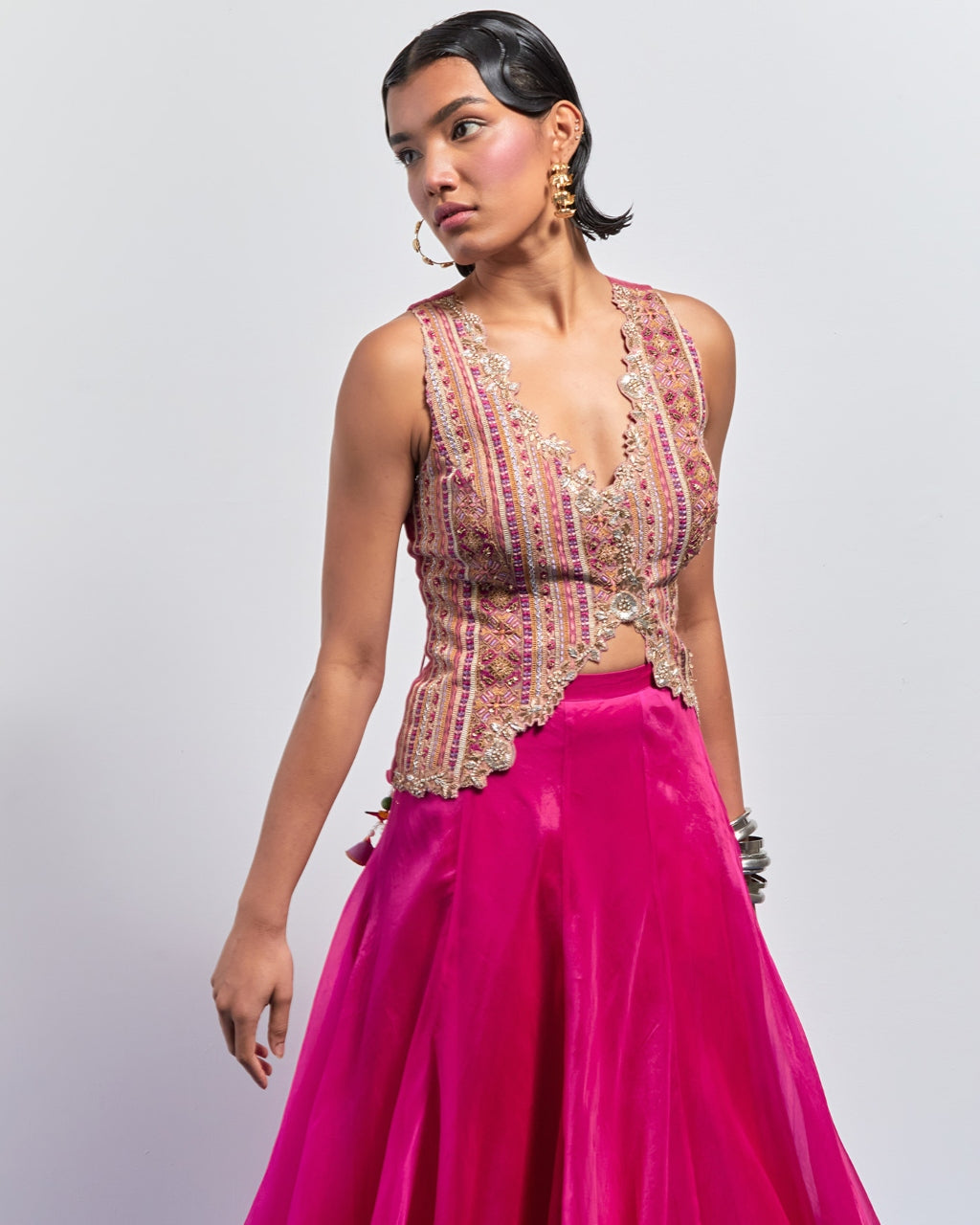 Hot Pink Embroidered Corset Skirt Set