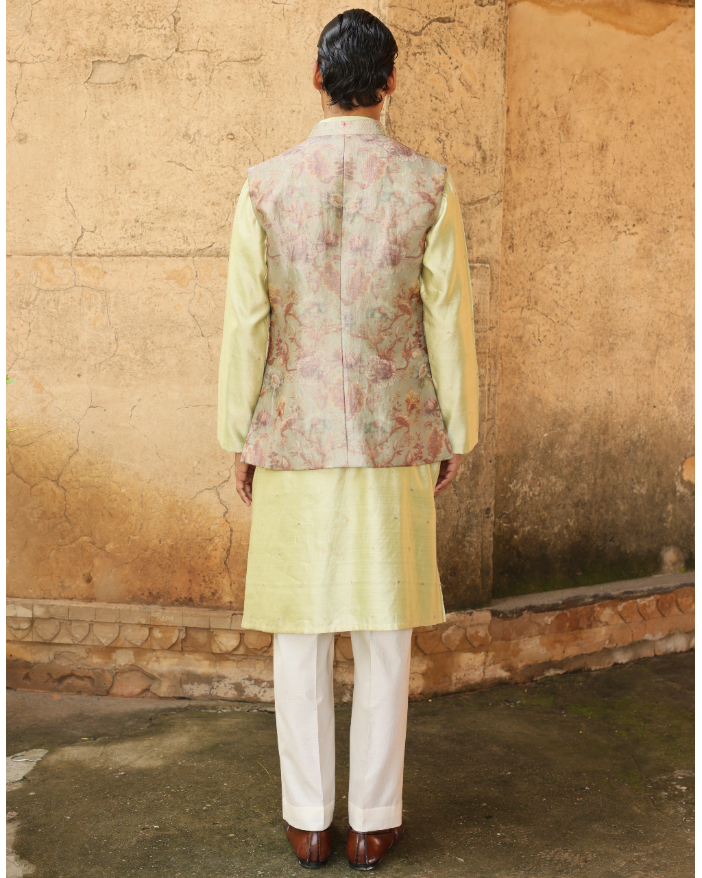 Mint Green Silk Kurta Set With Brocade Jacket