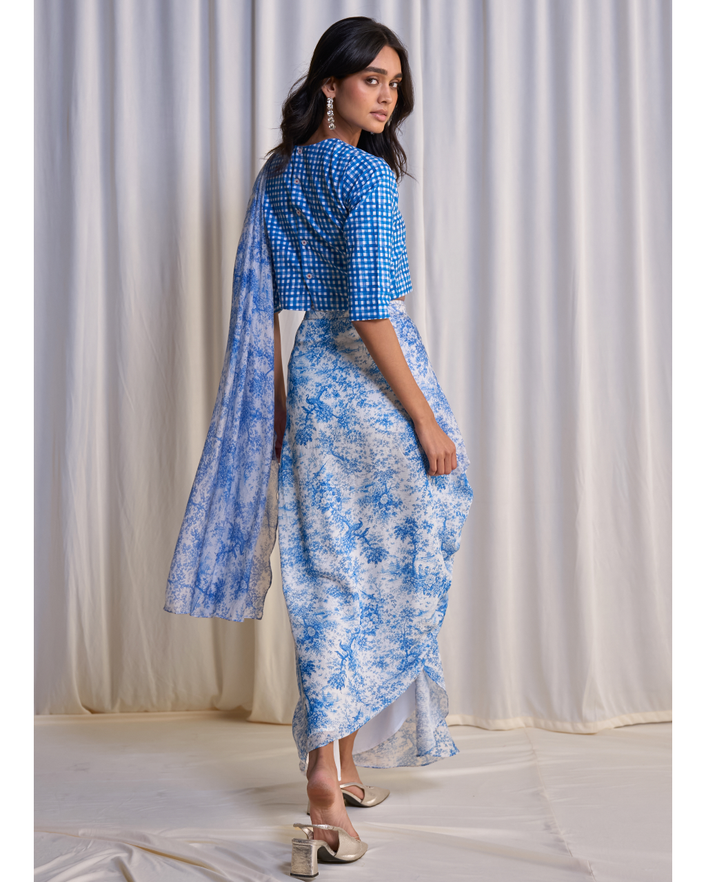 Linen Madras Check Print Top & Toile Print Sari Drape Skirt