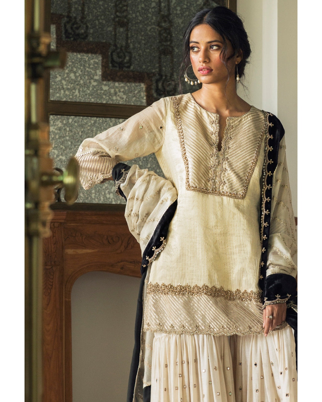 Tissue Chanderi Kurta With Mirror Work Gharara