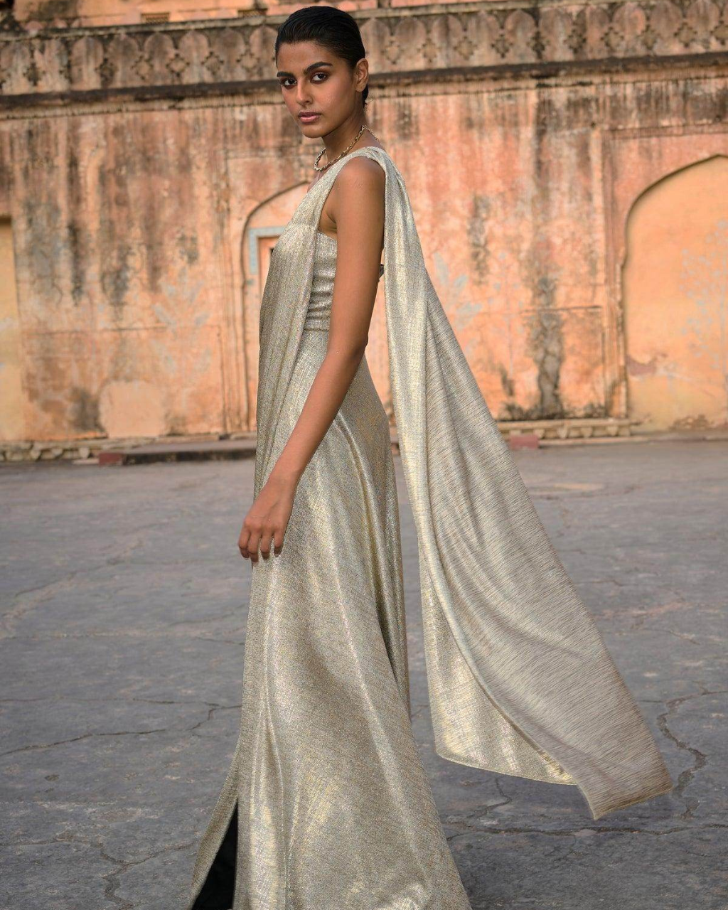 Gold Draped Sari Gown I Dash & Dot S Gold Draped Sari Gown I Dash & Dot S