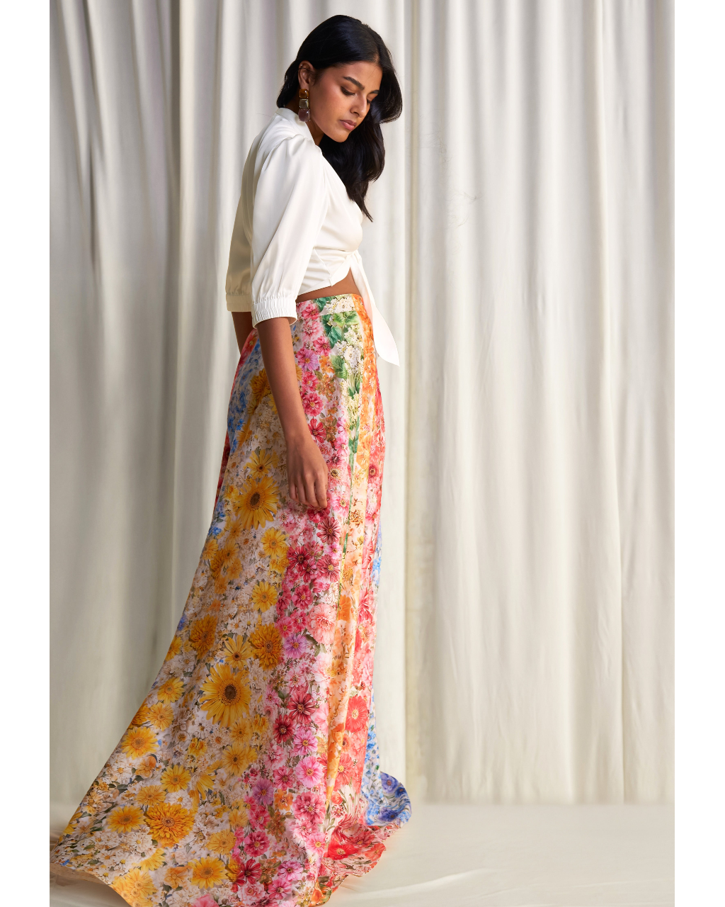 Front-Tie Top & Multi-Floral Maxi Skirt
