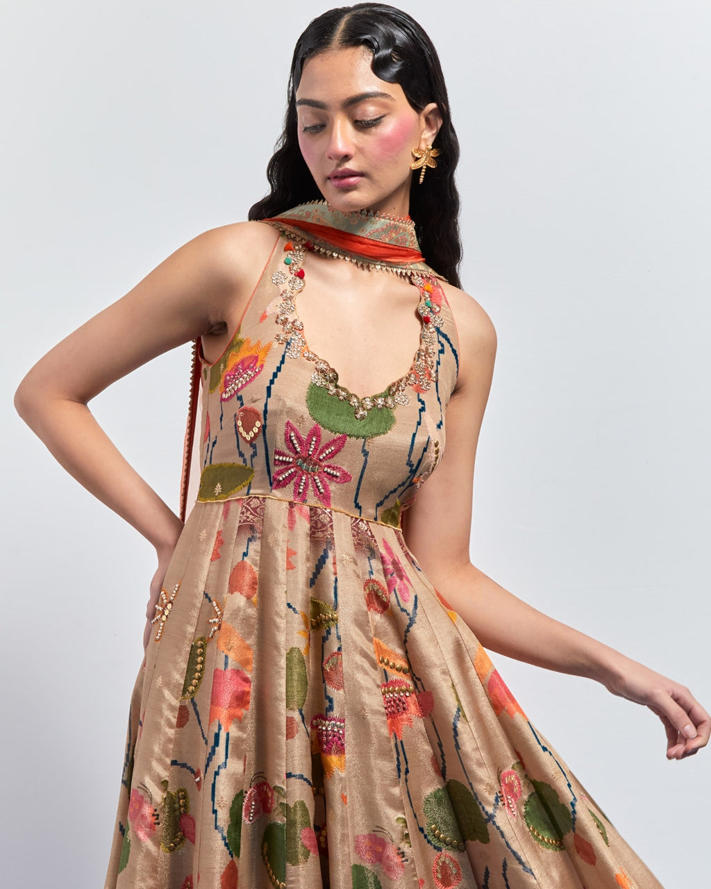 Beige Floral Anarkali Set