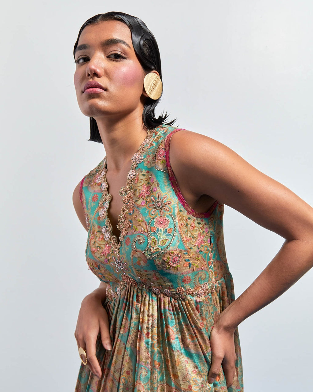 Sage Green Embroidered Peplum Sharara Set