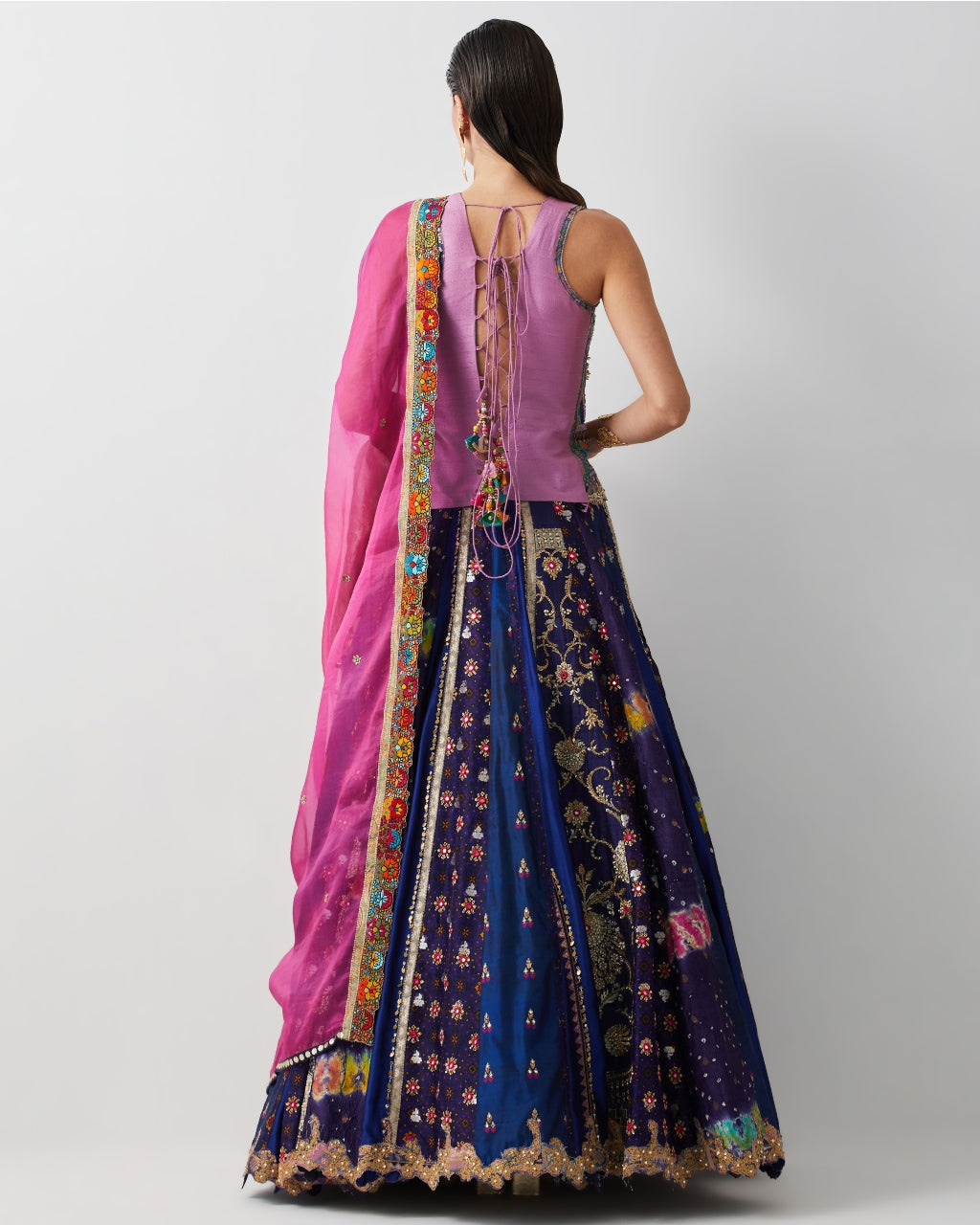 Royal Blue Silk & Brocade Lehenga Set With Corset And Organza Dupatta