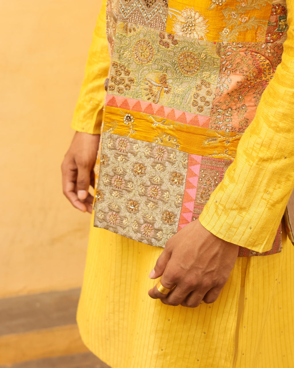 Mustard Kurta Set With Textured Jacket