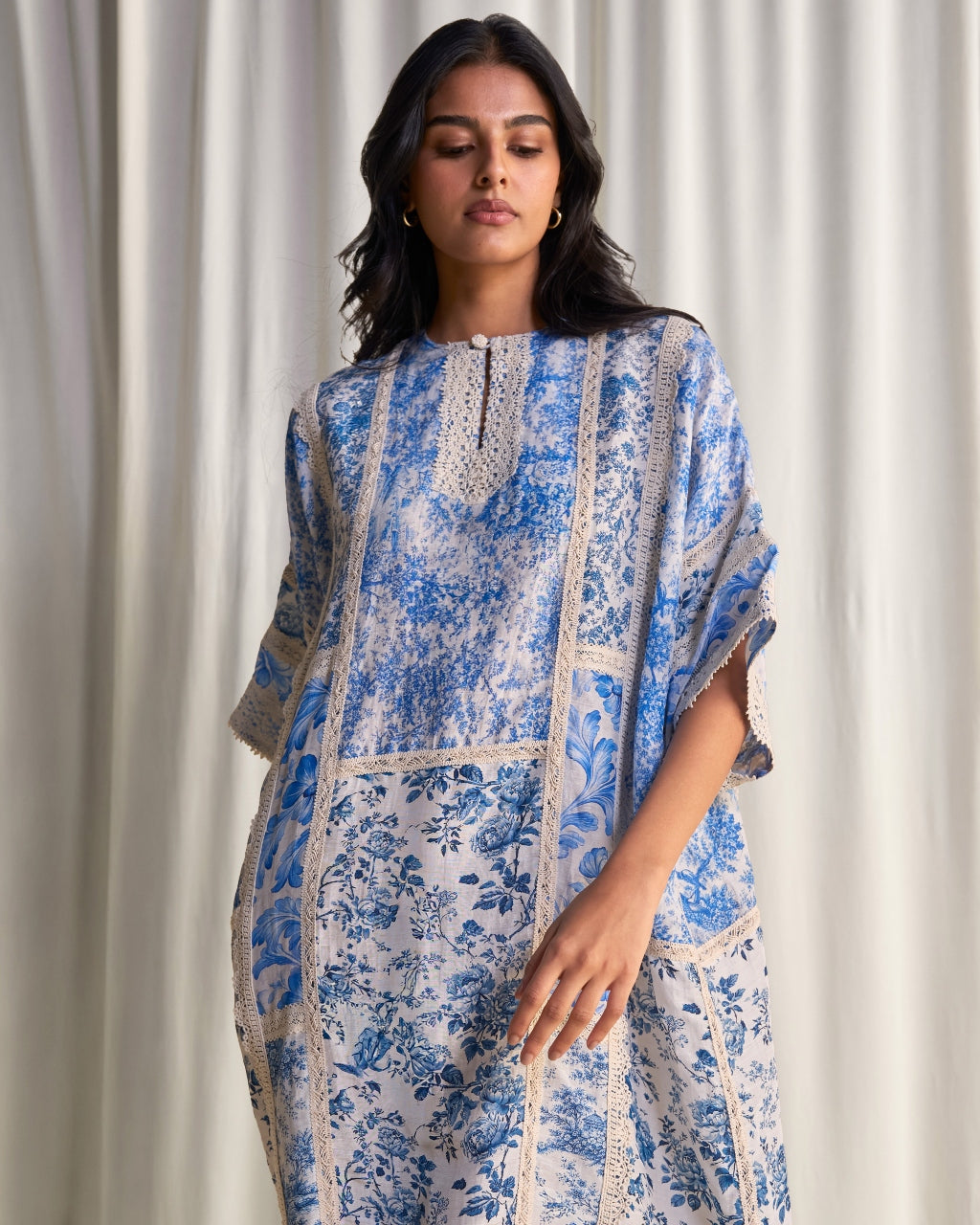 Silk-Linen Porcelain Print Patchwork Dress
