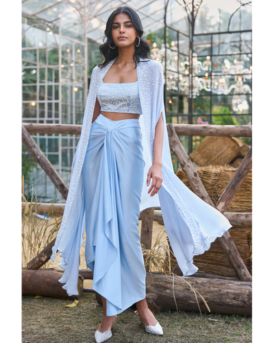 Degrade Pearl Embellished Cape & Bralette With Draped Satin Skirt