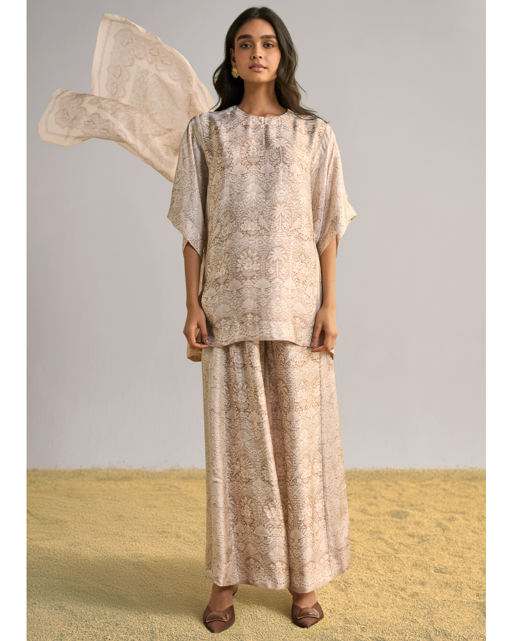Lace Printed Wide-Legged Pant Set