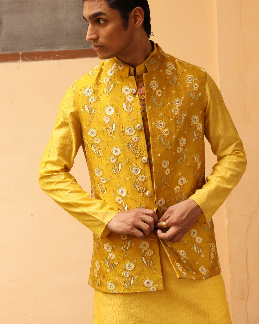 Marigold Yellow Silk Brocade Floral Bandi Set