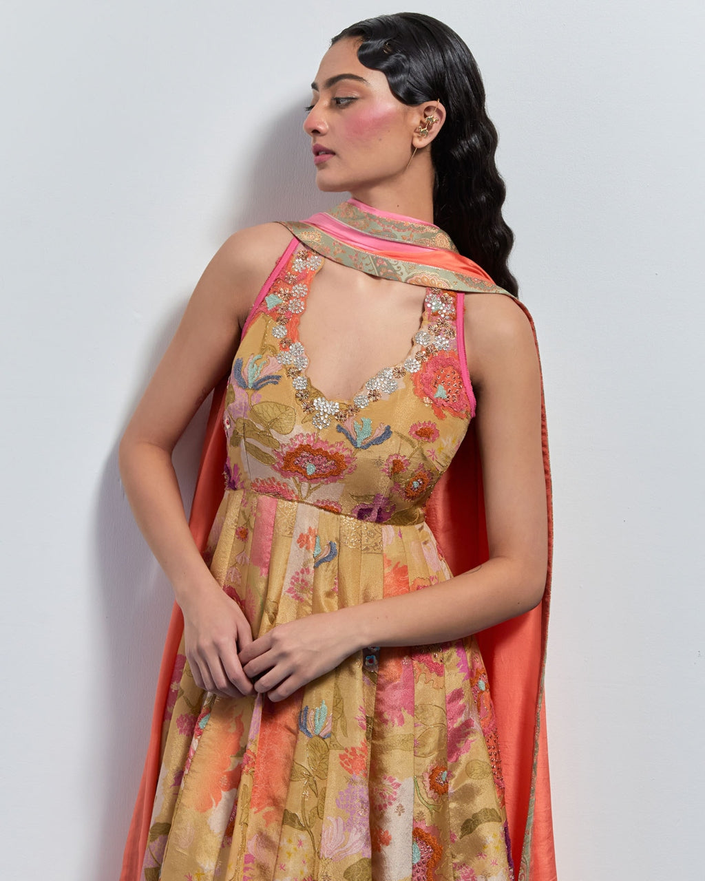 Beige Yellow Floral Embroidered Anarkali Set