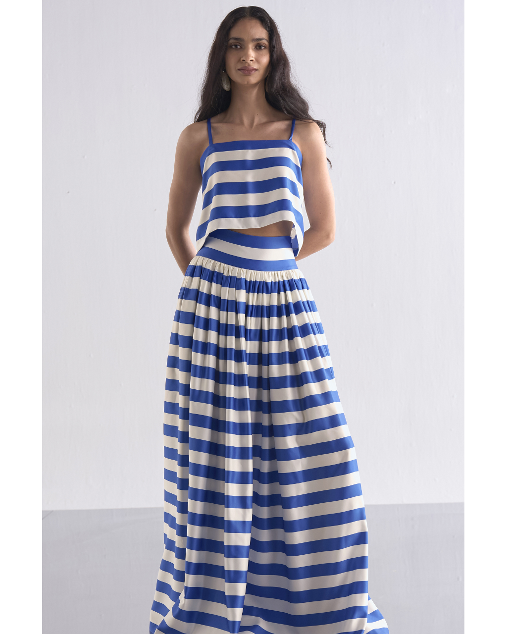 Back Knot Draped Stripe Top & Maxi Skirt Set