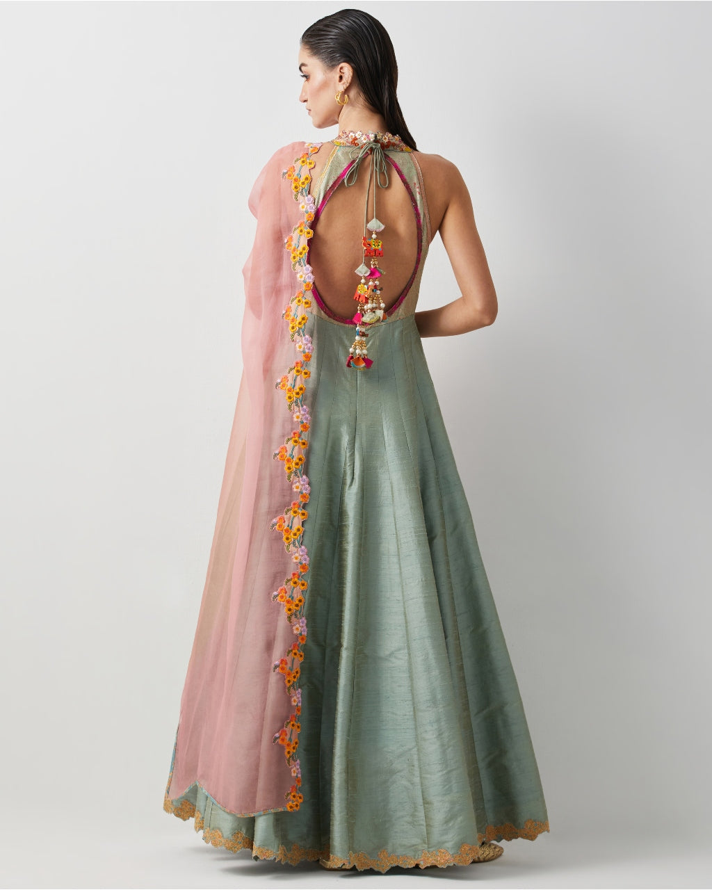 Aqua Silk Hand Embroidered Anarkali Set With Organza Dupatta