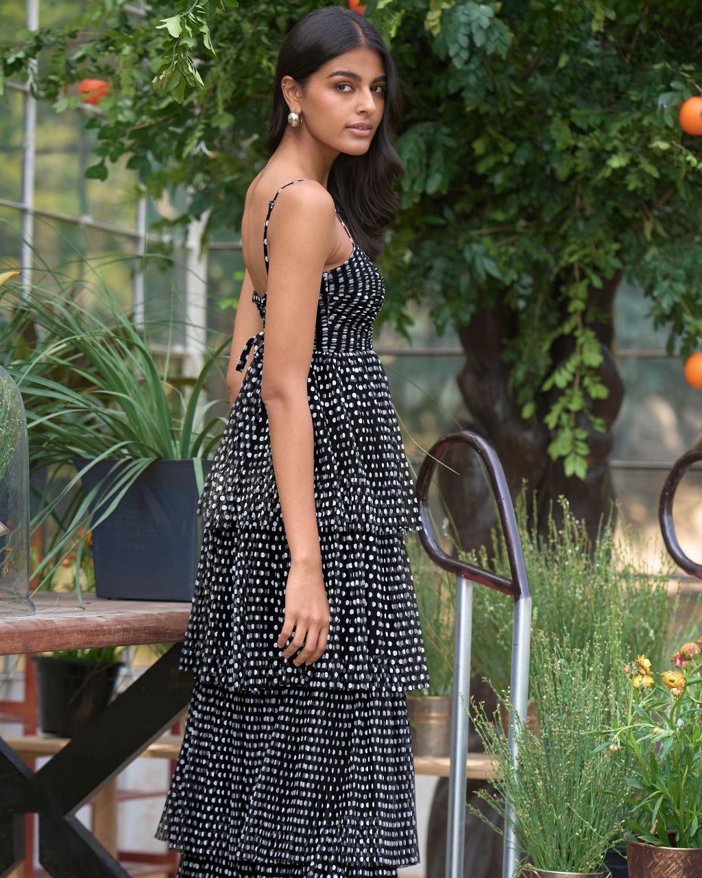 Pleated Polka Dot Tiered Maxi