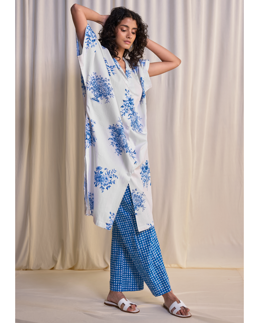 Linen Porcelain Print Motif Shirt & Madras Check Print Pant Set